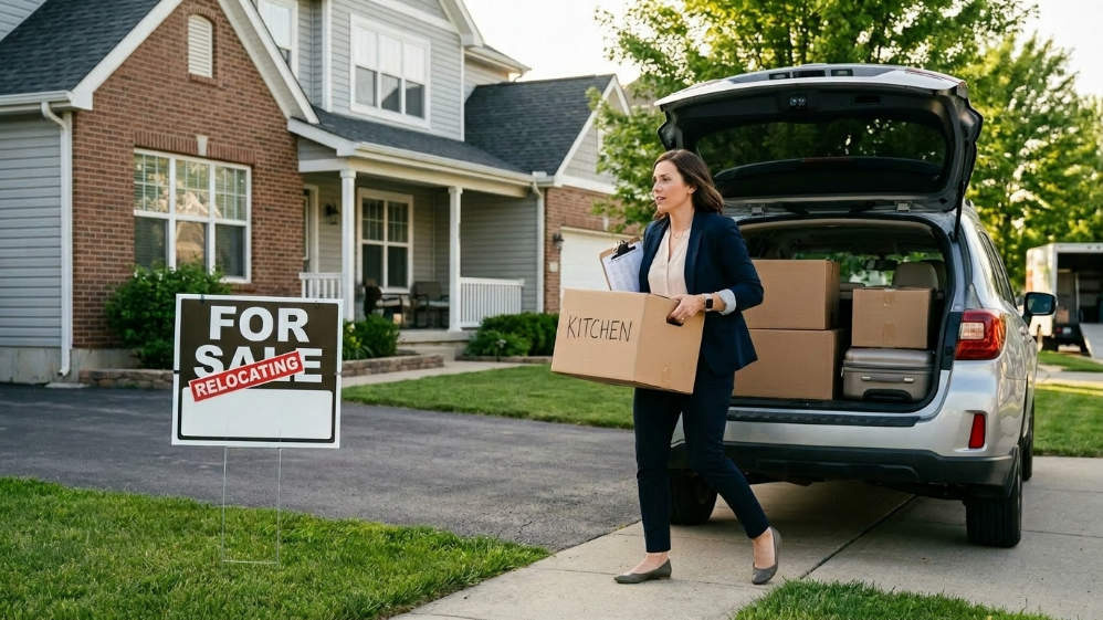 Woman moving boxes from car outside home after job relocation in Phoenix
