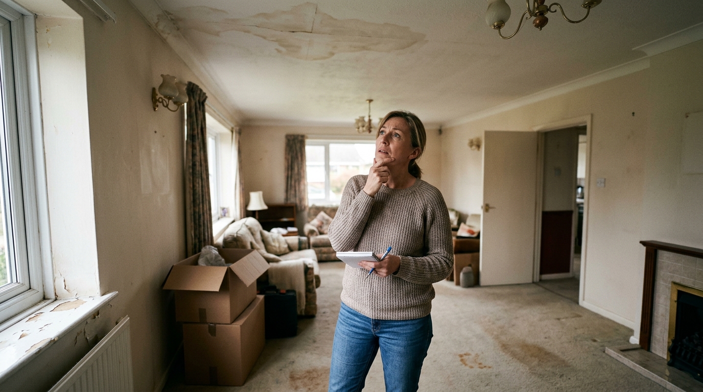 Woman inspecting water-damaged home before selling as-is